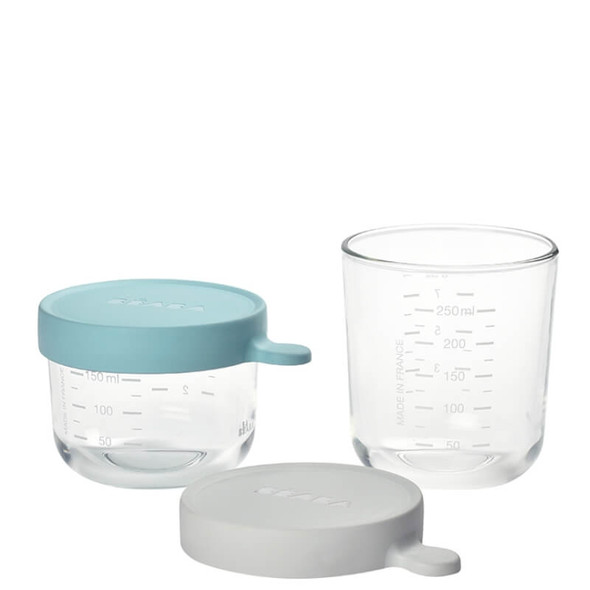 Beaba Set of 2 Glass Storage Jars (150 ml airy green / 250 ml light mist)