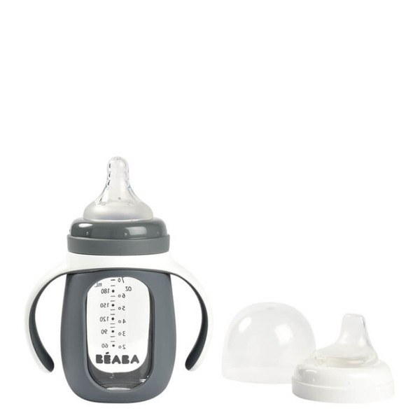 Beaba Bouteille d'apprentissage en verre 2 en 1 210 ml avec couvercle en silicone - gris minéral