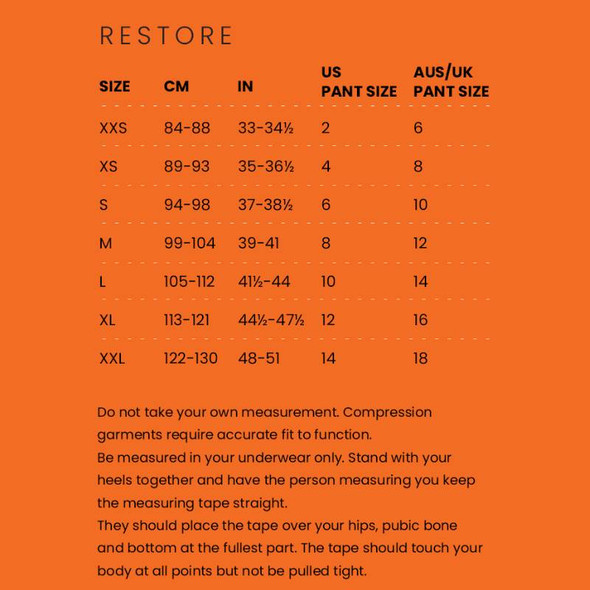 SRC Restore Prolapse & Continence Support Mini Shorts - Champagne Size Chart