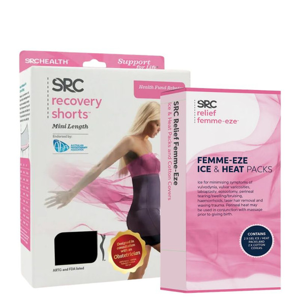 SRC Postpartum Recovery Mini Shorts + Femme Eze Heat & Ice Pack - Champagne
