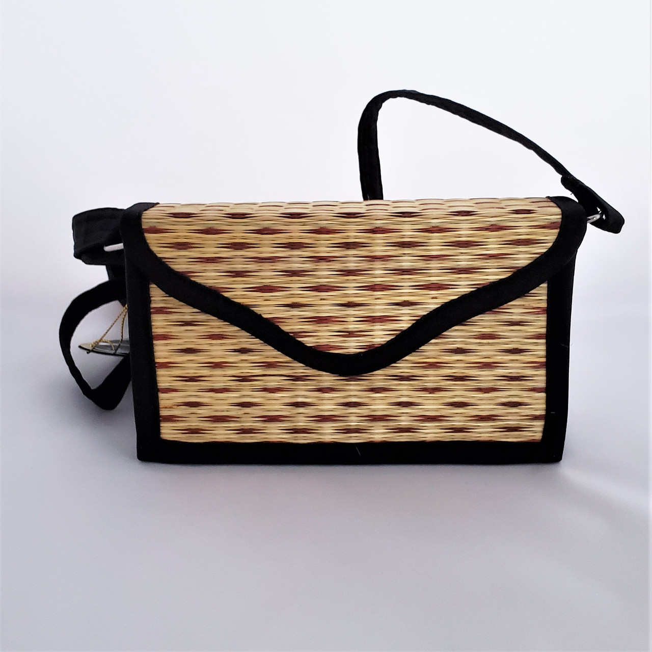 Brown & Natural Woven Grass Small Crossbody Purse from Cambodia