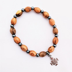 Fair Trade Olive Wood and Hematite Bracelet with Jerusalem Cross from the Holyland