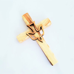 Fair Trade Small Carved Olive Wood Cross with Dove from the Holyland