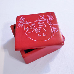 fair trade carved soapstone box with sloths from Kenya