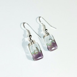 Fair trade lavendar and white fused glass dangle earrings from Chile