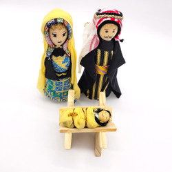 Fair trade wood holy family nativity set with cross stitch accents made in Syria