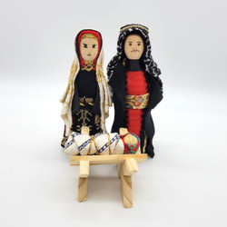 Fair trade wood holy family nativity set with cross stitch accents made in Syria