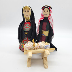 Fair trade wood holy family nativity set with cross stitch accents made in Syria