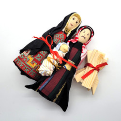 Fair trade wood holy family nativity set with cross stitch accents made in Syria
