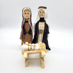 Fair trade wood holy family nativity set with cross stitch accents made in Syria