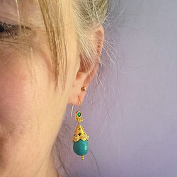 Fair trade turquoise, pearl, and brass dangle earrings from Turkey