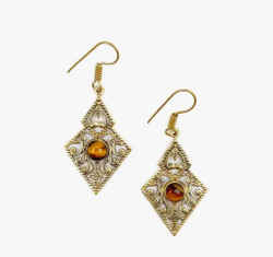 Fair trade brass filigree and tiger eye dangle earrings from India