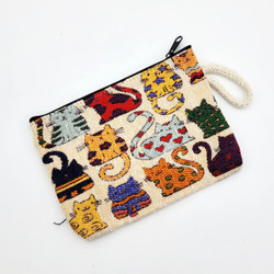 Fair trade woven cotton tapestry fabric zip close coin purse with cats from Turkey