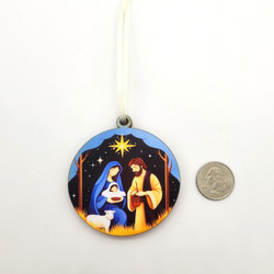 Fair trade laminated Holy Family wood ornament from Chile