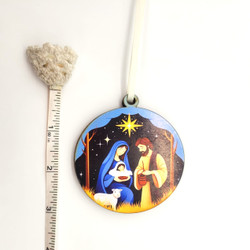 Fair trade laminated Holy Family wood ornament from Chile