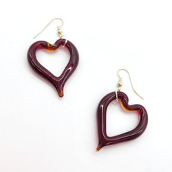 Fair trade crimson crystal glass heart dangle earrings from Chile