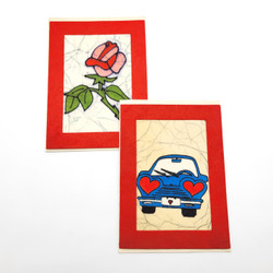 Fair trade hand made paper love themed batik note card from Nepal