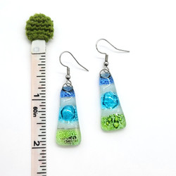 Fair trade fused glass trapezoid long dangle earrings from Chile