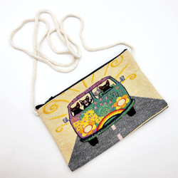 Fair trade cat tapestry fabric small sling purse from Turkey