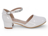 GIRLS WHITE PAT STN STRP PUMP
