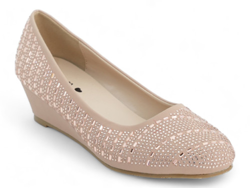 NUDE RHINESTONE WEDGE PUMP
