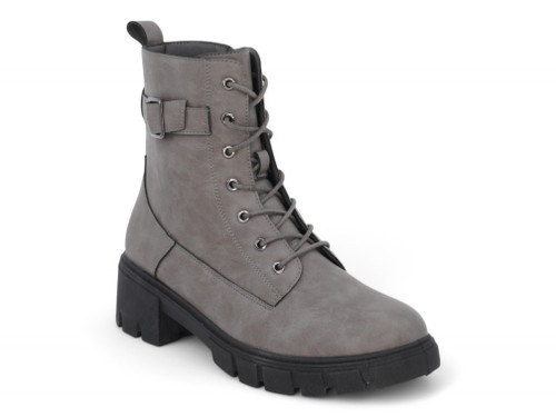 GRAY VGN LTHR LUG CMT BOOTIE