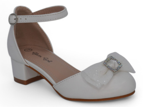 GIRL WHITE PU GLITT BOW HEEL