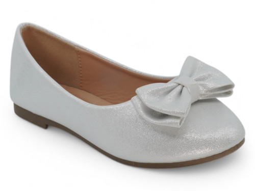 GIRLS SILVER GLITR BOW FLAT