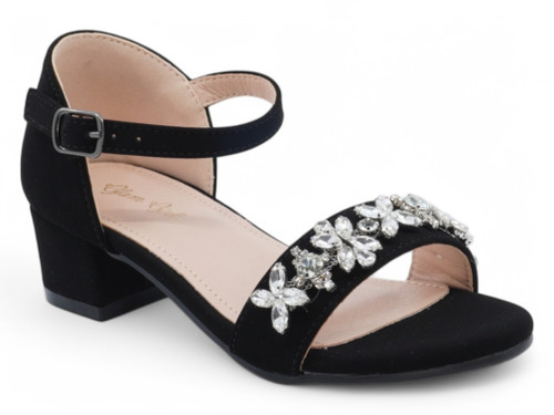 GIRL OPEN BLK FLWR STRAP HEEL