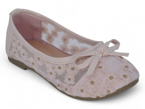 GIRLS PINK MESH FLORAL FLATS