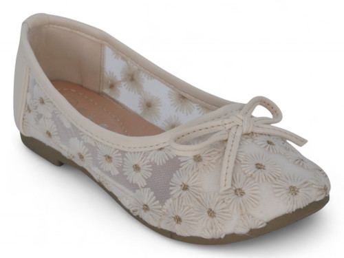 GIRLS WHITE MESH FLORAL FLATS