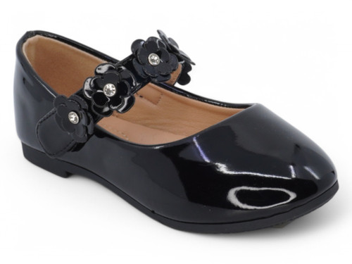 BLK PATENT FLWR STRAP MJ FLAT