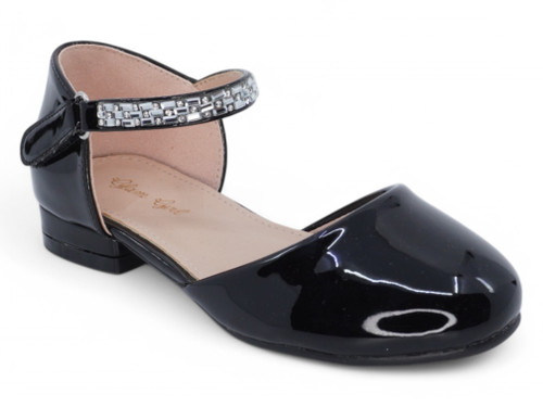 GIRL BLK PAT STONE STRAP PUMP