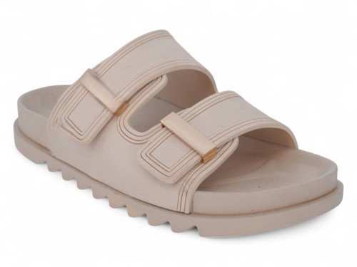 LADY BEIGE DBL STRAP SLIDES