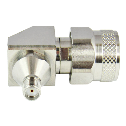 C3557B SMA Female to N Male R Angle Adapter 18 Ghz VSWR 1.2  S Steel Swept Inner Contact