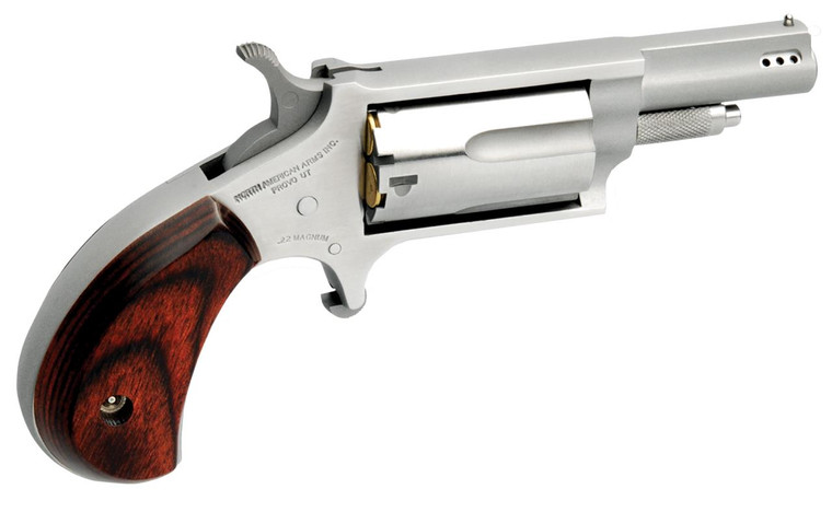 North American Arms NAA22MSCP Mini-Revolver Combo 22 LR or 22 WMR Caliber with 1.63" Ported Barrel, 5rd Capacity Cylinder, Overall Stainless Steel Finish & Rosewood Birdshead Grip Includes Cylinder -