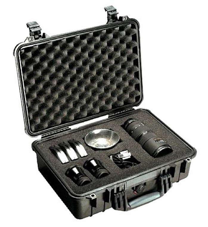 Pelican 1500 Protector Case made of Polypropylene with Black Finish, Foam Padding, Over-Molded Handle, Stainless Steel Hardware & Double Throw Latches 16.75" L x 11.18" W x 6.12" D Interior Dimensions