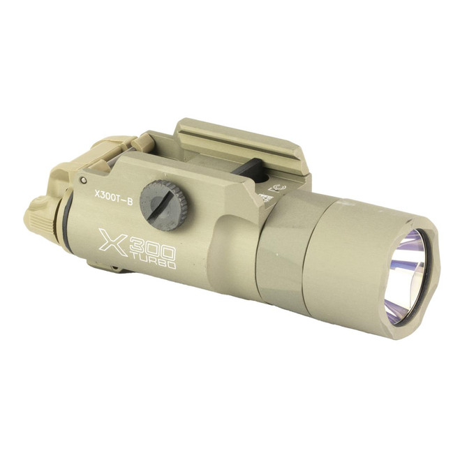 Surefire, X300 Turbo, Weaponlight, White LED, 650 Lumens, 66,000 Candela, Fits Picatinny and Universal, Thumbscrew Attachment, For Pistols, Matte Finish, Tan - 084871331623