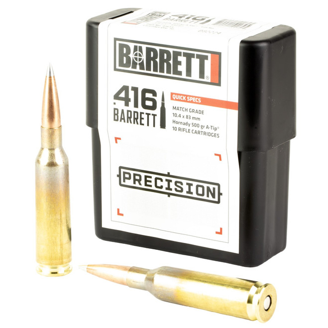 Barrett, 416 Barrett Precision Ammo, 500 Grain, Hornady A-Tip Match Grade Bullet, 10 Round Box - 810021511795