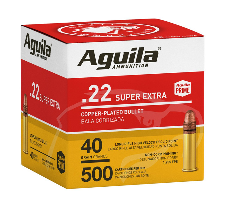 Aguila 1B221115 Super Extra Rimfire 22 LR 40 gr Copper Plated Solid Point 500 Per Box - 640420013138 Aguila 1B221115 Super Extra Rimfire 22 LR 40 gr Copper Plated Solid Point 500 Per Box - 640420013138