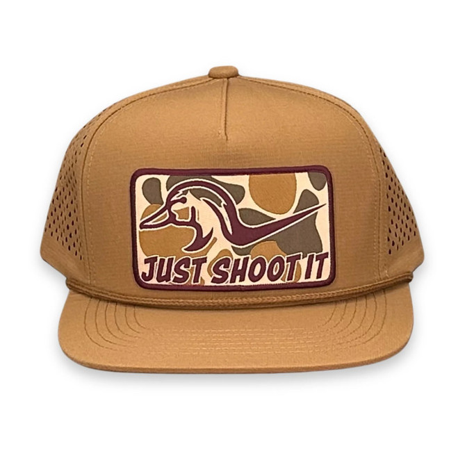 "Just Shoot It- Camo" - Zapped Caramel Laser Holes/ Caramel Rope Snapback Cap -