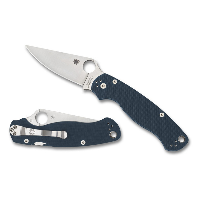 Spyderco, Para Military 2, Folding Knife, Plain Edge, Cobalt Blue G10 Handle, Satin Finish, Silver, 3.45" Blade, CPM SPY27 Steel - 716104018482