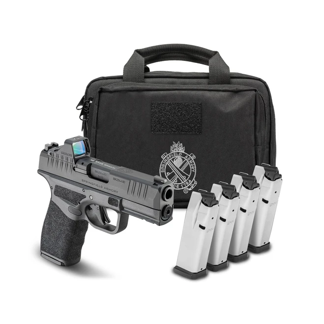 Springfield, Hellcat Pro, Striker Fired, Semi-automatic, Polymer Frame Pistol, 9MM, 3.7" Hammer Forged Barrel, Melonite Finish, Black Polymer Frame, Textured Grip, Front White Dot Sight, Tactical Rack