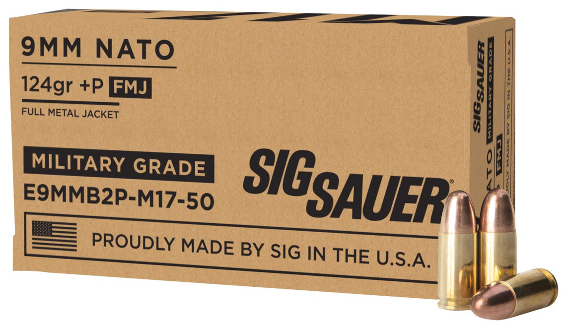 Sig Sauer E9MMB2PM1750 Military Grade M17 9mmLuger+P 124gr Full Metal Jacket 50 Per Box - 798681600144