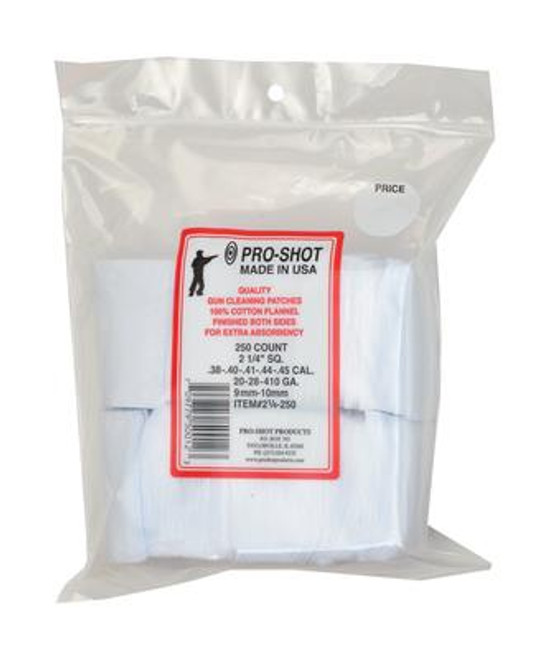 Pro ShotCotton Flannel Patches .38-.45 Caliber/20-.410 Gauge 2.25 Inch Square 250 Per Bag - 709779500123 Pro ShotCotton Flannel Patches .38-.45 Caliber/20-.410 Gauge 2.25 Inch Square 250 Per Bag - 709779500123
