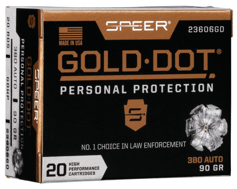 Speer Ammo 23606GD Gold Dot Personal Protection 380 ACP 90 gr Hollow Point (HP) 20 Bx/ 10 Cs - 604544647198