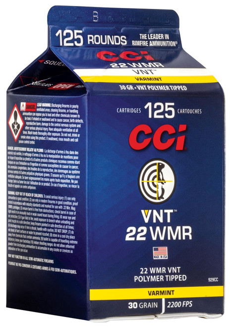 CCI 929CC VNT Rimfire 22 WMR 30 gr Varmint Tipped 125 Per Box/ 10 Cs - 604544655629