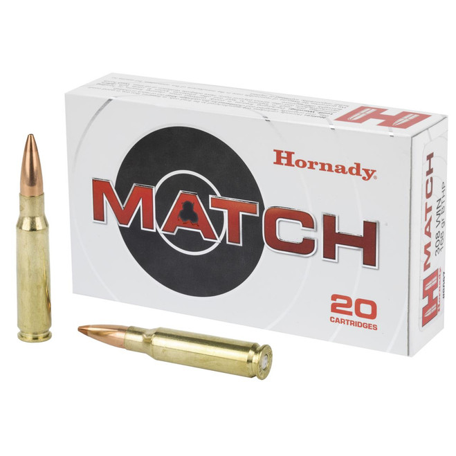 Hornady Match Rifle Ammunition .308 Winchester 168 Grain Boattail Hollow Point Match 20 Box - 090255380972