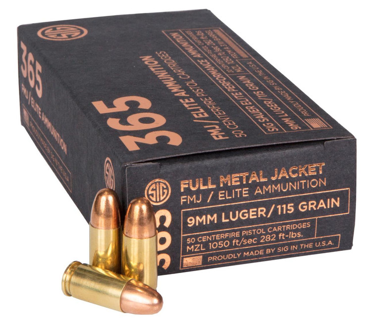 Sig Sauer E9MMB136550 Elite Ball 365 9mm Luger 115 gr 1050 fps Full Metal Jacket (FMJ) 50 Bx/20 Cs - 798681591640