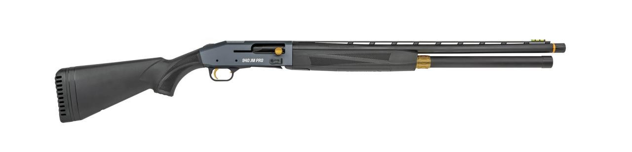 Mossberg 85144 940 Pro JM 12 Gauge 4+1 3" 24", Tungsten Gray Optic Cut Rec, Black Synthetic Furniture, Adj. Shim Stock, Gold Oversized Controls, HiViz TriComp Sight, Ext. Chokes - 015813851442